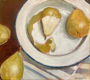 Pealed pear, akryyli kankaalle, 2025, 40 x 45 cm, 450 € Pealed pear, akryyli kankaalle, 2025, 40 x 45 cm, 450 €