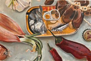 Sardines, akryyli kankaalle, 2025, 60 x 90 cm, 1400 € Sardines, akryyli kankaalle, 2025, 60 x 90 cm, 1400 €